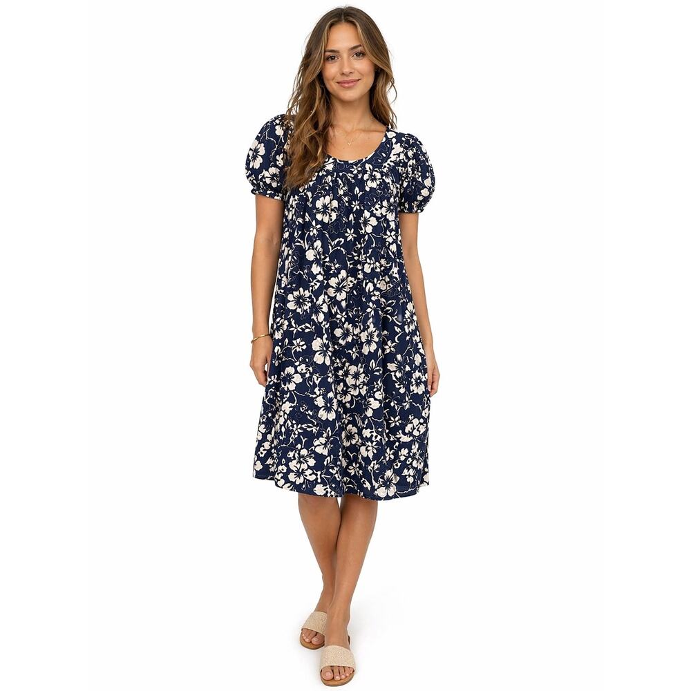 Vintage Hilo Hattie Hawaii Floral Dress Size Large 100% Cotton Blue White
